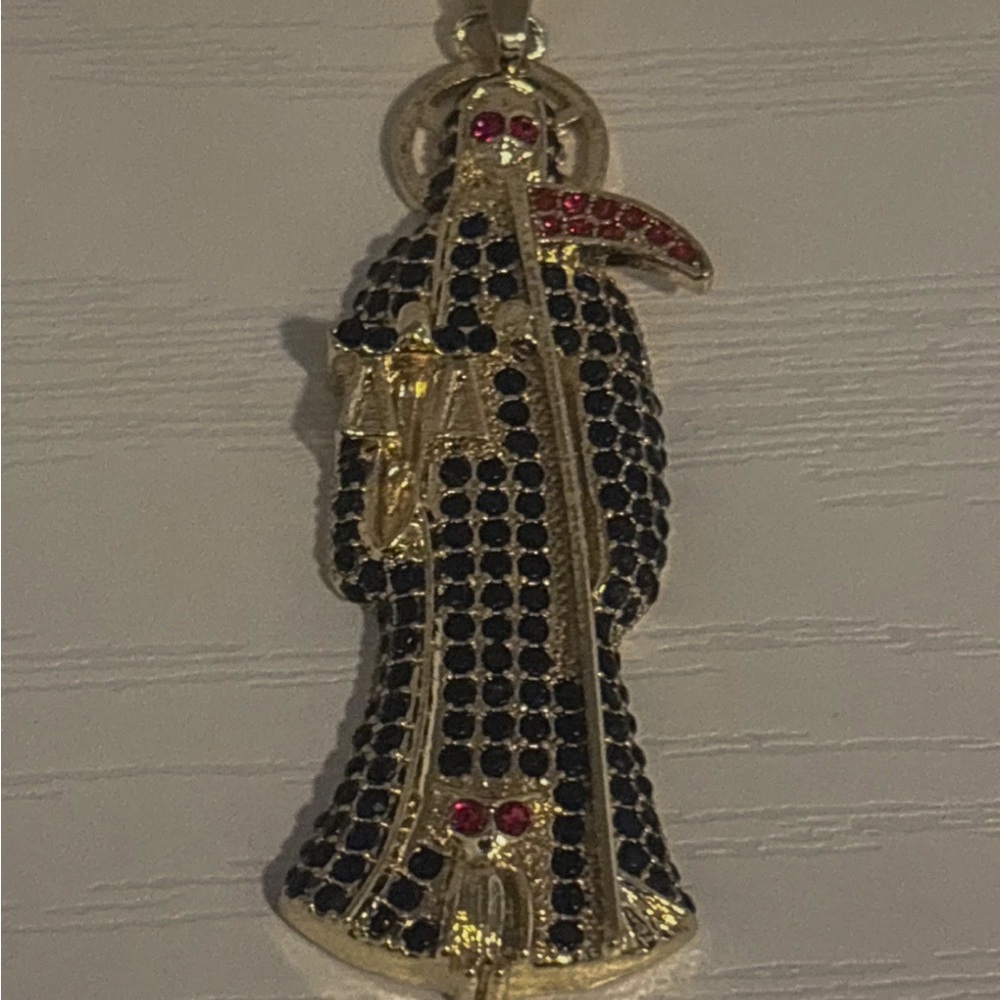 Gold Plated Grim Reaper Santa Muerte Large Pendant Black Red Crystal Gothic - Picture 8 of 10